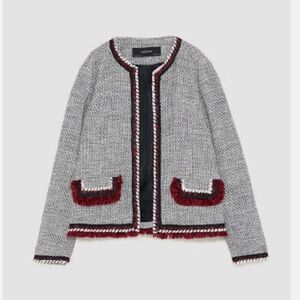 Zara Gray and Red Tweed Blazer with Elegant Trim Detailing